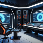 A futuristic sound studio with AI interfaces creating a personalized voice for a game character. Focus on technology, personalization, and a sense of innovation.