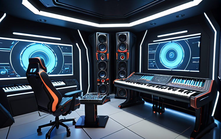 A futuristic sound studio with AI interfaces creating a personalized voice for a game character. Focus on technology, personalization, and a sense of innovation.