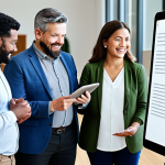 A diverse group of adults, including a woman signing, engaged in a collaborative conversation facilitated by a tablet displaying real-time AI-generated speech-to-text, in a bright, modern community center. The atmosphere is inclusive and welcoming, highlighting seamless communication. All subjects are fully clothed in appropriate, modest everyday attire. Perfect anatomy, correct proportions, natural pose, well-formed hands, proper finger count, natural body proportions. Safe for work, appropriate content, family-friendly, professional photography, high quality.