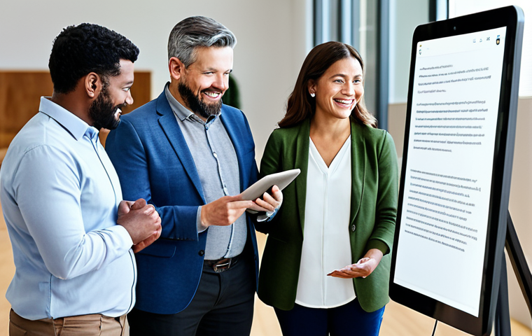 A diverse group of adults, including a woman signing, engaged in a collaborative conversation facilitated by a tablet displaying real-time AI-generated speech-to-text, in a bright, modern community center. The atmosphere is inclusive and welcoming, highlighting seamless communication. All subjects are fully clothed in appropriate, modest everyday attire. Perfect anatomy, correct proportions, natural pose, well-formed hands, proper finger count, natural body proportions. Safe for work, appropriate content, family-friendly, professional photography, high quality.