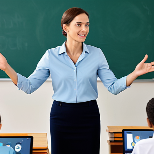 **

"A professional teacher, fully clothed in modest attire, using voice synthesis software to create audio lessons for students. Classroom setting with digital devices visible in the background. Focus on the teacher's engagement with the technology. Safe for work, appropriate content, perfect anatomy, natural proportions, professional, educational setting, well-formed hands, proper finger count."

**