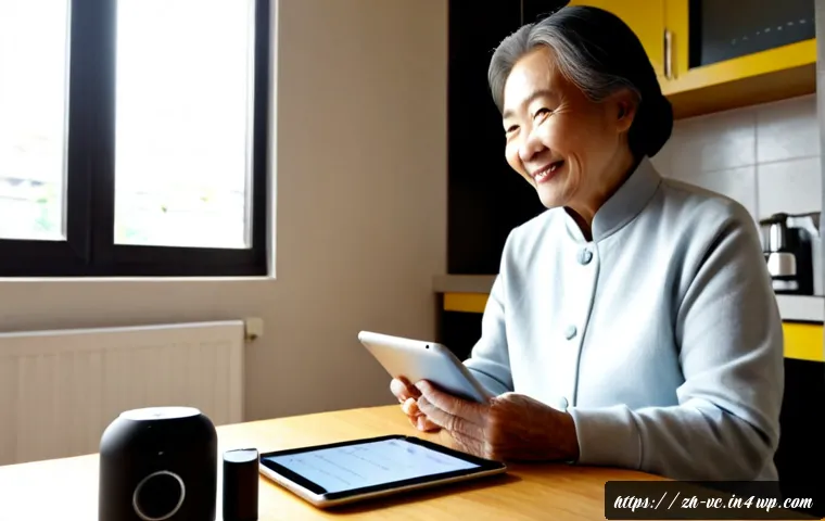음성 합성 기술의 실생활 적용 사례 - Photorealistic modern apartment scene, a smiling elderly Chinese woman seated comfortably at a sunli...
