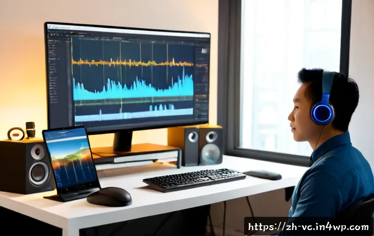 음성 합성 애플리케이션 개발 가이드 - Photorealistic modern software developer at a clean home office desk, wearing headphones and reviewi...
