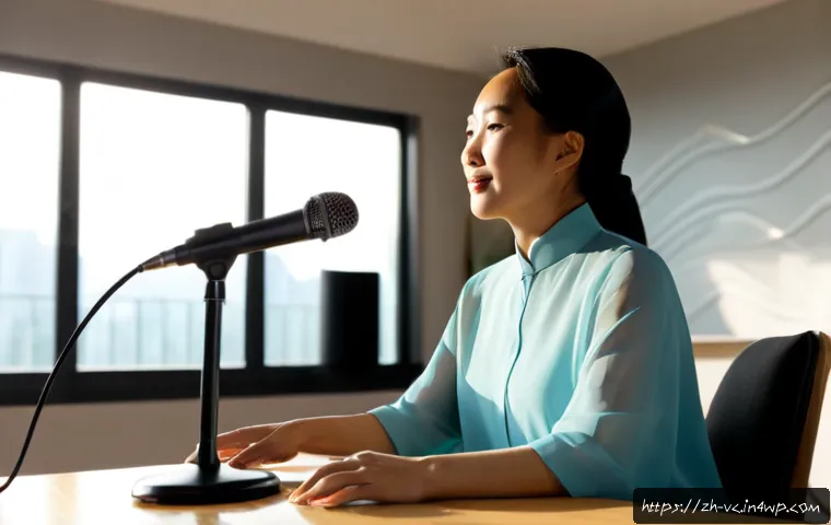 AI 음성 합성의 미래 예측 - Photorealistic future AI voice synthesis concept, a diverse middle-aged woman speaking naturally int...